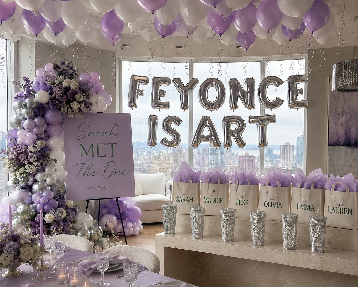Custom bachelorette setup with a Sarah Met The One sign, lavender balloon and floral garland, silver letter balloons and personalized tote bags and tumblers
