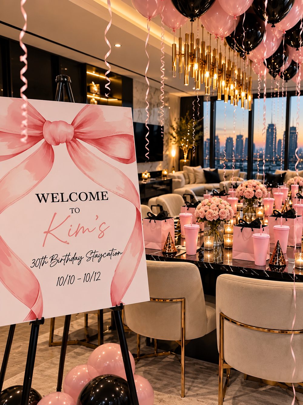 Custom Welcome to Kim's 30th Birthday Staycation sign beside a pink and black tablescape with favor bags and roses