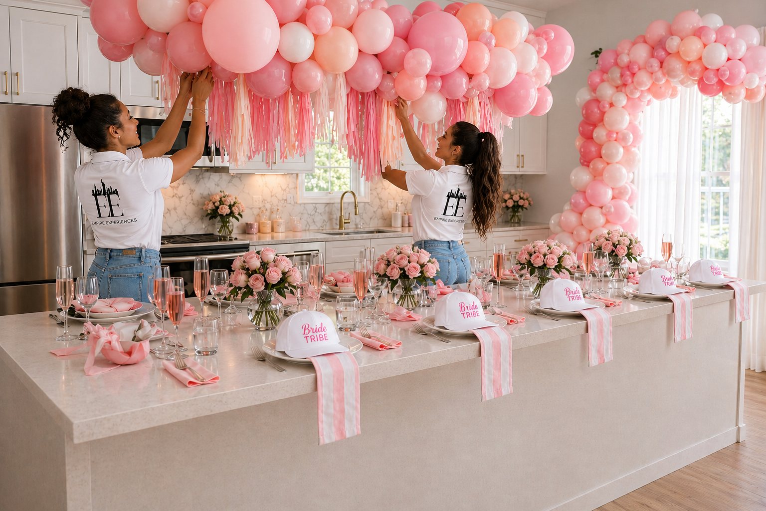 Empire Experiences team hanging a pink balloon garland over a bachelorette brunch table set with roses and Bride Tribe hats