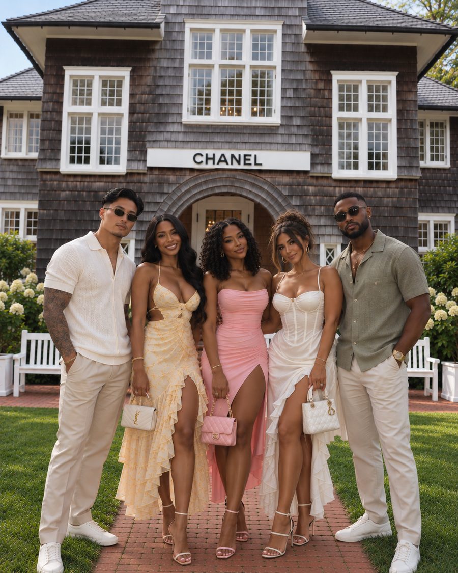Friends dressed in summer whites and pastels outside a shingled Hamptons boutique
