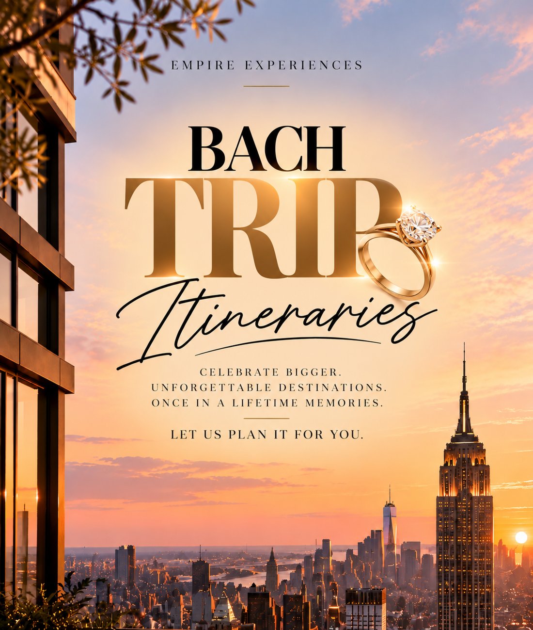 Bach Trip Itineraries with a diamond engagement ring: celebrate bigger. Sunset over the New York City skyline and the Empire State Building