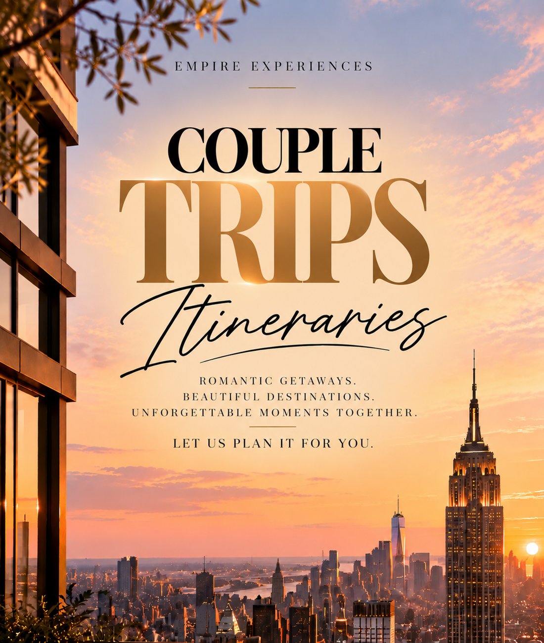 Couple Trips Itineraries: romantic getaways, beautiful destinations. Sunset over the New York City skyline and the Empire State Building