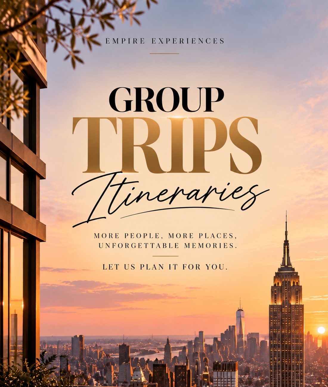 Group Trips Itineraries: more people, more places, unforgettable memories. Sunset over the New York City skyline and the Empire State Building