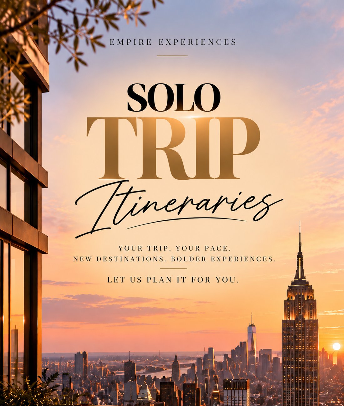 Solo Trip Itineraries: your trip, your pace. Sunset over the New York City skyline and the Empire State Building