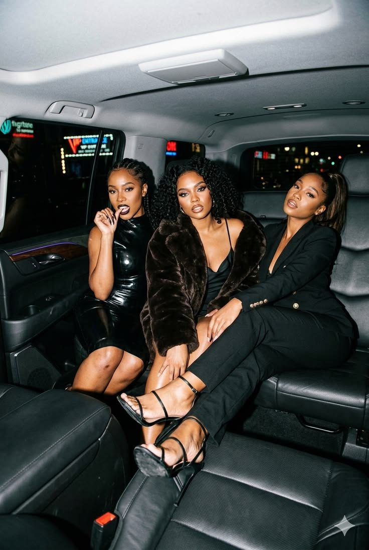 Three friends dressed for a night out in the back of a private SUV